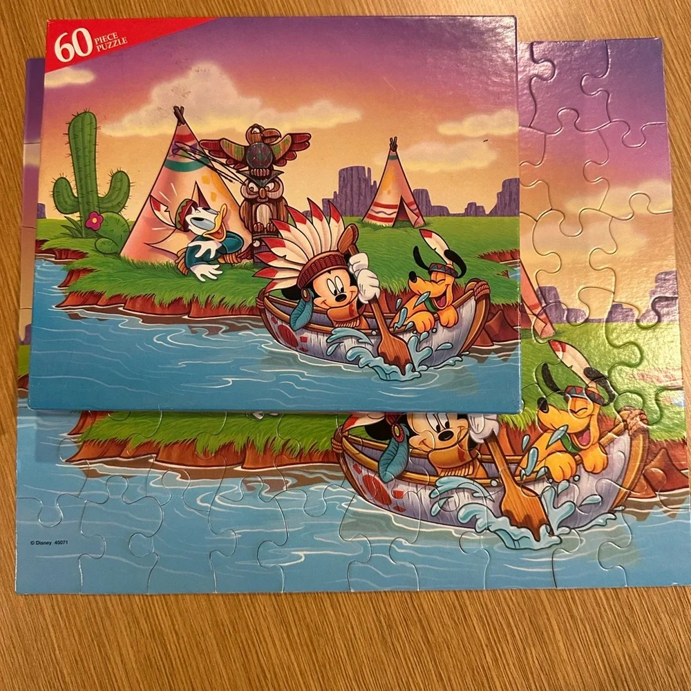 Vintage Disney Mickey Mouse & Pluto 60 Piece Puzzle. Canoe River Tepee.